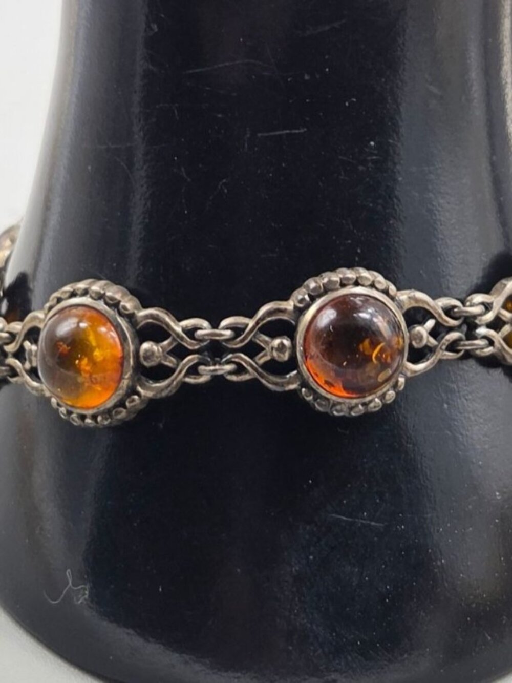 VTG Valerio V-8 925 Sterling Silver Baltic Amber Link Bracelet Art Nouveau 7.5"